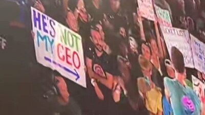 A funny sign at Coldplay Madison references the recent Andy Byron scandal. (X/@world_coldplay) A funny sign at Coldplay Madison references the recent Andy Byron scandal. (X/@world_coldplay)