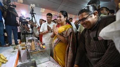 Delhi chief minister Rekha Gupta during her visit to a Kanwar Camp in Punjabi Bagh on Sunday. (Sanchit Khanna/HT Photo) Delhi chief minister Rekha Gupta during her visit to a Kanwar Camp in Punjabi Bagh on Sunday. (Sanchit Khanna/HT Photo)