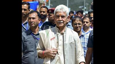 J&k LG Manoj Sinha at Baltal base camp in Ganderbal district on Sunday. (PTI)