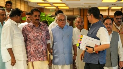 Union Ministers Kiren Rijiju and J.P. Nadda, Congress MP Jairam Ramesh, Revolutionary Socialist Party MP N.K. Premachandran and others leave after attending the all-party meeting ahead of the Monsoon session of Parliament, in New Delhi. (PTI) Union Ministers Kiren Rijiju and J.P. Nadda, Congress MP Jairam Ramesh, Revolutionary Socialist Party MP N.K. Premachandran and others leave after attending the all-party meeting ahead of the Monsoon session of Parliament, in New Delhi. (PTI)