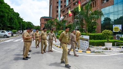 Police officials at Sharda University in Greater Noida, India, on Saturday, July 19, 2025. (Sunil Ghosh / Hindustan Times) Police officials at Sharda University in Greater Noida, India, on Saturday, July 19, 2025. (Sunil Ghosh / Hindustan Times)