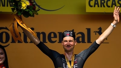 Belgium's Tim Wellens won the fifteenth stage of the Tour de France on Sunday, July 20, 2025. (AP) Belgium's Tim Wellens won the fifteenth stage of the Tour de France on Sunday, July 20, 2025. (AP)