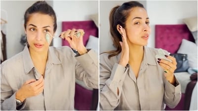 Malaika Arora showcases her pre-makeup skincare routine, focusing on hydration and freshening techniques. (Instagram/@malaikaaroraofficial) Malaika Arora showcases her pre-makeup skincare routine, focusing on hydration and freshening techniques. (Instagram/@malaikaaroraofficial)