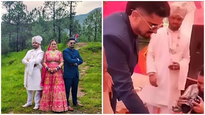 A video from the ceremony has also gone viral on social media, showing one of the grooms holding his hand out for the bride to welcome her on stage. (X/@BalbirKumar23/@OfficiallyAmit0) A video from the ceremony has also gone viral on social media, showing one of the grooms holding his hand out for the bride to welcome her on stage. (X/@BalbirKumar23/@OfficiallyAmit0)