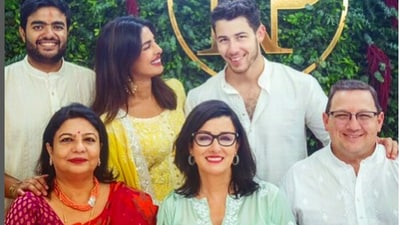 A perfect picture of the Chopra-jonas families from Priyanka Chopra and Nick Jonas' engagement in Mumbai in 2018. A perfect picture of the Chopra-jonas families from Priyanka Chopra and Nick Jonas' engagement in Mumbai in 2018.