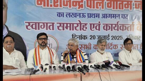 Chairman of SC department, All India Congress Committee (AICC), Rajendra Pal Gautam and other leaders during a press conference in Lucknow on Sunday. (HT Photo)