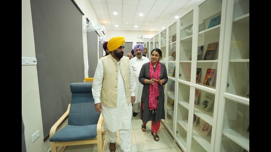 Punjab chief minister Bhagwant Singh Mann dedicated a newly constructed library to residents of Dhuri in Sangrur on Sunday. (HT photo)