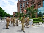 Police officials at Sharda University investigating a student's suicide in Greater Noida, India, on Saturday. Police officials at Sharda University investigating a student's suicide in Greater Noida, India, on Saturday.
