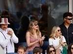 Singer Taylor Swift, Kansas City Chiefs' Travis Kelce, Kansas City Chiefs' Patrick Mahomes and his partner Brittany Mahomes. 