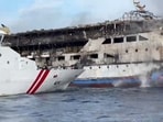 This screen grab shows the KM Barcelona 5 ferry after a fire broke out while on its way to Manado, the capital of North Sulawesi province. This screen grab shows the KM Barcelona 5 ferry after a fire broke out while on its way to Manado, the capital of North Sulawesi province.