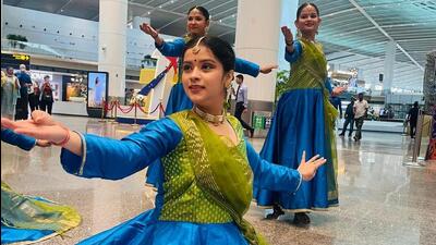 A Classical Indian dance performance at Terminal 1 of Indira Gandhi International Airport on Monday. (HT Photo) A Classical Indian dance performance at Terminal 1 of Indira Gandhi International Airport on Monday. (HT Photo)