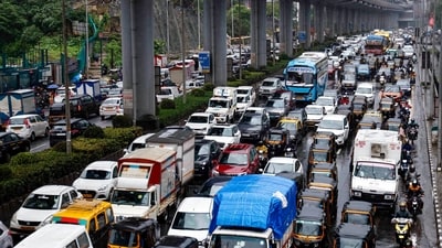 Vehicles stuck in a traffic jam on Western Express Highway following rain, in Mumbai on Tuesday. (ANI) Vehicles stuck in a traffic jam on Western Express Highway following rain, in Mumbai on Tuesday. (ANI)
