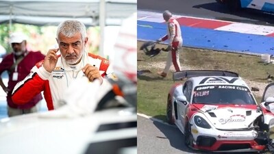 Ajith Kumar earned respect by helping clear the debris after crashing his car during the race. Ajith Kumar earned respect by helping clear the debris after crashing his car during the race.