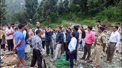 An inter-ministerial team visiting Himachal Pradesh’s rain and flood-hit Mandi. (HT PHOTO) An inter-ministerial team visiting Himachal Pradesh’s rain and flood-hit Mandi. (HT PHOTO)