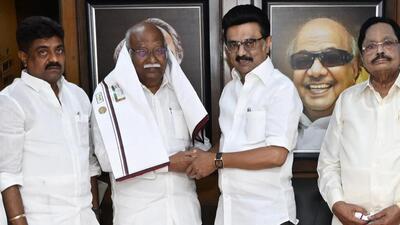 Chief minister and DMK president MK Stalin inducts Raajhaa into the party at the DMK headquarters on Monday. (HT photo) Chief minister and DMK president MK Stalin inducts Raajhaa into the party at the DMK headquarters on Monday. (HT photo)