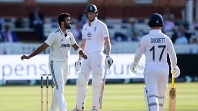 India's Jasprit Bumrah bowled a fiery over to Zak Crawley and Ben Duckett at Lord's. (AP) India's Jasprit Bumrah bowled a fiery over to Zak Crawley and Ben Duckett at Lord's. (AP)
