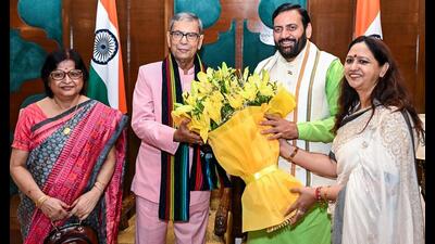 Haryana chief minister Nayab Singh Saini and his wife Suman Saini congratulate new Haryana governor Ashim Kumar Ghosh on taking charge, in Chandigarh on Monday. (ANI)