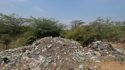 Illegally dumped garbage and construction debris in Sohna-Tauru stretch of the Aravalli region near Jalalpur village as of May 2025. (Parveen Kumar/HT Photo) Illegally dumped garbage and construction debris in Sohna-Tauru stretch of the Aravalli region near Jalalpur village as of May 2025. (Parveen Kumar/HT Photo)