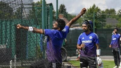 Jasprit Bumrah during a practice session at the Old Trafford Cricket Ground in Manchester on Monday. (PTI) Jasprit Bumrah during a practice session at the Old Trafford Cricket Ground in Manchester on Monday. (PTI)