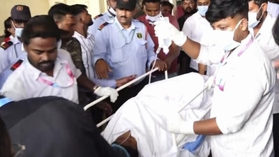 Medical staff brings the 15-year-old girl, who was undergoing treatment at AIIMS Bhubaneswar after three miscreants set her ablaze in Odisha's Puri district, to be airlifted to Delhi, in Bhubaneswar.. ( PTI) Medical staff brings the 15-year-old girl, who was undergoing treatment at AIIMS Bhubaneswar after three miscreants set her ablaze in Odisha's Puri district, to be airlifted to Delhi, in Bhubaneswar.. ( PTI)