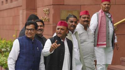 Samajwadi Party MPs Akhilesh Yadav, Ram Gopal Yadav and others during the first day of the Monsoon session of Parliament in New Delhi on Monday. (PTI PHOTO) Samajwadi Party MPs Akhilesh Yadav, Ram Gopal Yadav and others during the first day of the Monsoon session of Parliament in New Delhi on Monday. (PTI PHOTO)