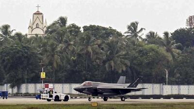 The British Royal Navy F-35B Lightning fighter jet being moved from the hangar to parking bay, in Thiruvananthapuram, on Monday. (PTI) The British Royal Navy F-35B Lightning fighter jet being moved from the hangar to parking bay, in Thiruvananthapuram, on Monday. (PTI)