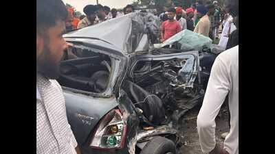 The mangled remains of a car on Bathinda-Rajpura road after hitting a truck on Monday. The mangled remains of a car on Bathinda-Rajpura road after hitting a truck on Monday.