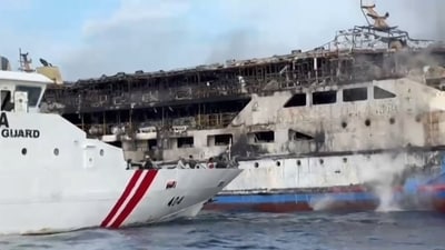 This screen grab shows the KM Barcelona 5 ferry after a fire broke out while on its way to Manado, the capital of North Sulawesi province. (AFP) This screen grab shows the KM Barcelona 5 ferry after a fire broke out while on its way to Manado, the capital of North Sulawesi province. (AFP)