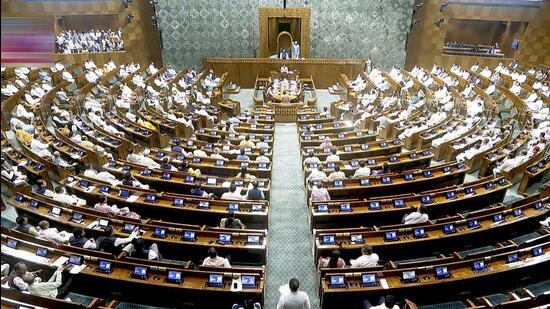 Members in the Lok Sabha during the first day of the Monsoon session of Parliament on Monday. (Sansad TV)