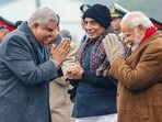 Vice-President Jagdeep Dhankar with Prime Minister Narendra Modi and Union Defence Minister Rajnath Singh during the Beating Retreat ceremony, in New Delhi. Vice-President Jagdeep Dhankar with Prime Minister Narendra Modi and Union Defence Minister Rajnath Singh during the Beating Retreat ceremony, in New Delhi.