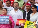 LoP in the Lok Sabha and Congress leader Rahul Gandhi with Samajwadi Party MP Akhilesh Yadav, RJD MP Misa Bharti, DMK MP Kanimozhi Karunanidhi and other INDIA bloc MPs stages a protest against the ongoing Special Intensive Revision (SIR) in Bihar, during the Monsoon session of Parliament, in New Delhi, Tuesday, July 22, 2025.