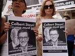 People protest after CBS/Paramount announced the cancellation of The Late Show with Stephen Colbert outside the Ed Sullivan Theater, in New York City, U.S., July 21, 2025.  REUTERS/Ryan Murphy
