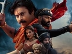 Pawan Kalyan, Bobby Deol and Nidhhi Agerwal in a still from Hari Hara Veera Mallu. 