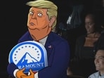 The camera stopped on a cartoon of Trump cuddling the Paramount logo, only to let it go abruptly, when on screen. Screengrab of video