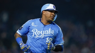 Kansas City Royals catcher Salvador Perez (13) rounds the bases after hitting a two-run home run against the Chicago Cubs during the eight inning at Wrigley Field. (IMAGN IMAGES via Reuters Connect)