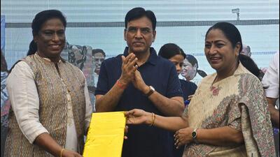 Delhi CM Rekha Gupta, sports minister Mansukh Mandviya and IOA President PT Usha. (PTI) Delhi CM Rekha Gupta, sports minister Mansukh Mandviya and IOA President PT Usha. (PTI)
