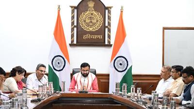 Haryana CM Nayab Singh Saini chairing a meeting in Chandigarh on Tuesday. (Sourced) Haryana CM Nayab Singh Saini chairing a meeting in Chandigarh on Tuesday. (Sourced)