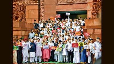 Lok Sabha LoP Rahul Gandhi and other INDIA bloc MPs protest against SIR (Special Intensive Revision) exercise in Bihar, during Monsoon Session of Parliament, at Parliament premises in New Delhi on Tuesday. (ANI Photo)