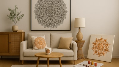 A cosy living room styled with Mandala art, featuring a striking wall painting, printed cushion, and an unfinished canvas with paints, creating a warm, creative and calming vibe. A cosy living room styled with Mandala art, featuring a striking wall painting, printed cushion, and an unfinished canvas with paints, creating a warm, creative and calming vibe.