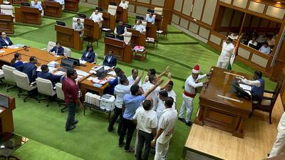 Members of Opposition benches stormed into the well of Goa assembly on Tuesday (HT photo) Members of Opposition benches stormed into the well of Goa assembly on Tuesday (HT photo)