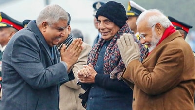 Vice-President Jagdeep Dhankar with Prime Minister Narendra Modi and Union Defence Minister Rajnath Singh during the Beating Retreat ceremony, in New Delhi. (PTI File Photo) Vice-President Jagdeep Dhankar with Prime Minister Narendra Modi and Union Defence Minister Rajnath Singh during the Beating Retreat ceremony, in New Delhi. (PTI File Photo)