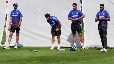 From left, Prasidh Krishna, Shardul Thakur, Anshul Kamboj and Mohammed Siraj during a practice session ahead of the fourth Test cricket match (PTI) From left, Prasidh Krishna, Shardul Thakur, Anshul Kamboj and Mohammed Siraj during a practice session ahead of the fourth Test cricket match (PTI)