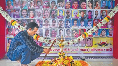 Raigad, India. July 22, 2025: The villagers of Taliye village paid tribute to those who lost their lives in a 22 July 2021 landslide that occurred four years ago in Raigad district. 200 residents are still waiting for their homes to be rebuilt, four years after the devastating landslide destroyed their houses and took the lives of many family members. Raigad, India. July 22, 2025. (Photo by Raju Shinde/HT Photo) (Raju Shinde) Raigad, India. July 22, 2025: The villagers of Taliye village paid tribute to those who lost their lives in a 22 July 2021 landslide that occurred four years ago in Raigad district. 200 residents are still waiting for their homes to be rebuilt, four years after the devastating landslide destroyed their houses and took the lives of many family members. Raigad, India. July 22, 2025. (Photo by Raju Shinde/HT Photo) (Raju Shinde)