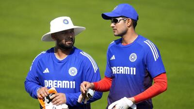 Shubman Gill, right, and Rishabh Pant during a nets session at Emirates Old Trafford, Manchester ahead of the fourth Test. (AP) Shubman Gill, right, and Rishabh Pant during a nets session at Emirates Old Trafford, Manchester ahead of the fourth Test. (AP)