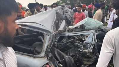 The mangled remains of a car on Bathinda-Rajpura road after hitting a truck on Monday. (HT photo) The mangled remains of a car on Bathinda-Rajpura road after hitting a truck on Monday. (HT photo)