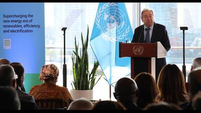 United Nations secretary-general Antonio Guterres delivers a speech on climate and renewable energy at the UN headquarters in New York City on Tuesday. (AFP) United Nations secretary-general Antonio Guterres delivers a speech on climate and renewable energy at the UN headquarters in New York City on Tuesday. (AFP)