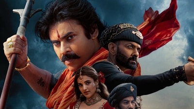 Pawan Kalyan, Bobby Deol and Nidhhi Agerwal in a still from Hari Hara Veera Mallu. Pawan Kalyan, Bobby Deol and Nidhhi Agerwal in a still from Hari Hara Veera Mallu.