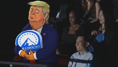 The camera stopped on a cartoon of Trump cuddling the Paramount logo, only to let it go abruptly, when on screen. Screengrab of video (X/@PopCrave) The camera stopped on a cartoon of Trump cuddling the Paramount logo, only to let it go abruptly, when on screen. Screengrab of video (X/@PopCrave)