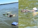 The man comforted the drowning osprey before a woman helped bring it to shore.