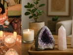 Amethyst, rose quartz and selenite used as home decor crystals add calming energy while creating stylish, wellness-inspired corners.